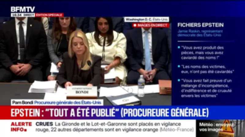 Affaire Epstein: Pam Bondi défend le travail colossal de la justice américaine