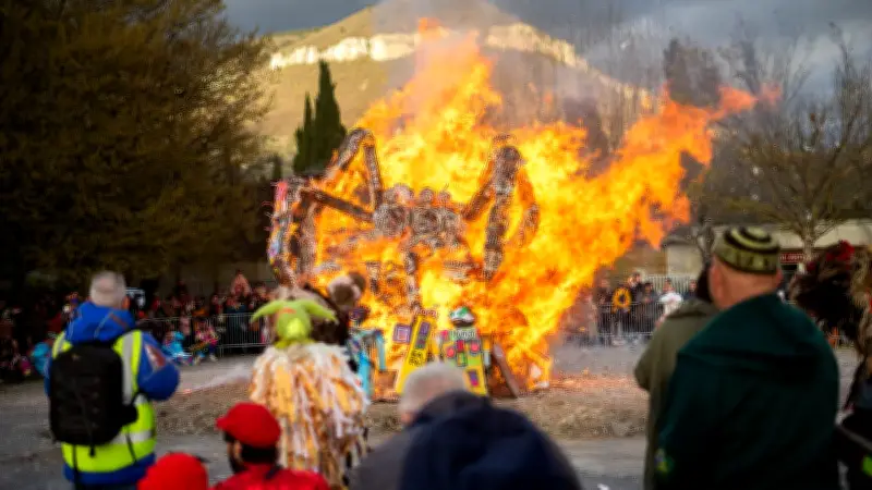 Carnaval de Millau 2026 : l'IAraignée, mascotte des réseaux sociaux, brûlée en musique