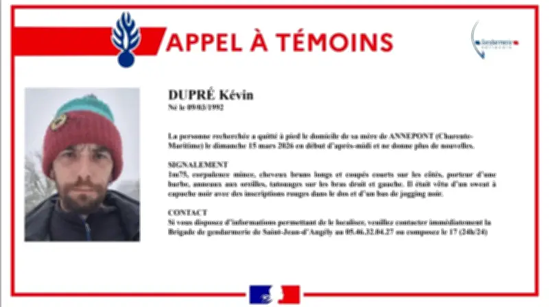 Disparition inquiétante d'un homme de 34 ans en Charente-Maritime, appel à témoins lancé