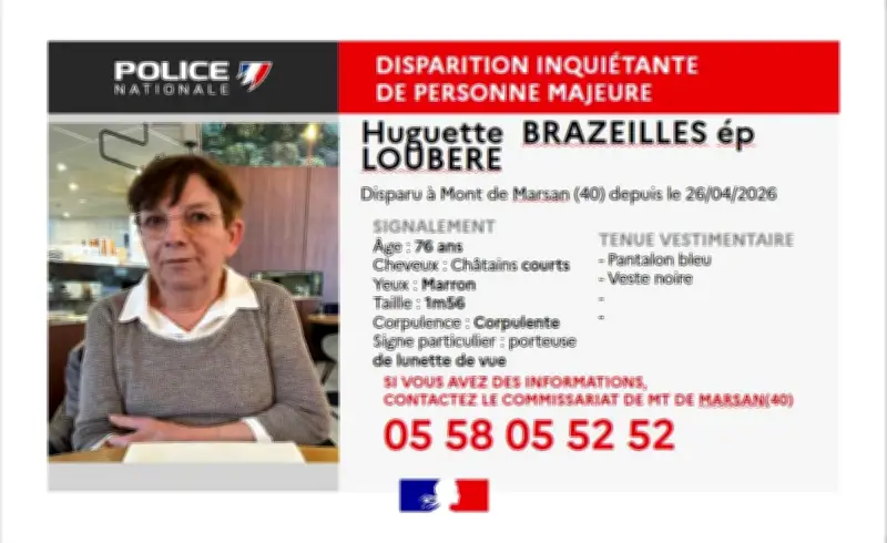 Disparition inquiétante d'une femme de 76 ans à Mont-de-Marsan