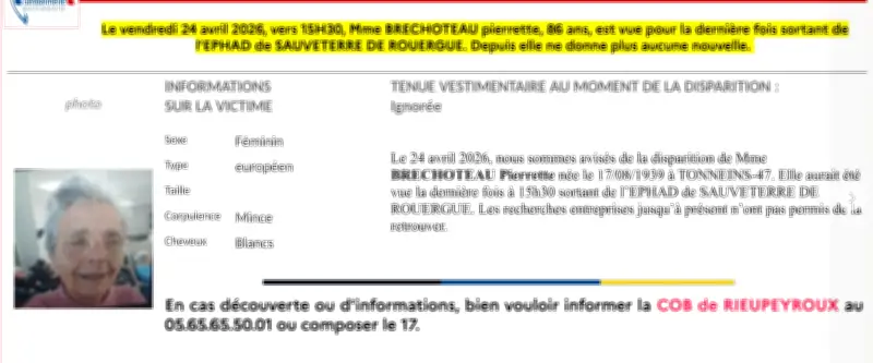 Disparition inquiétante d'une octogénaire dans l'Aveyron