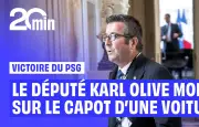 Karl Olive grimpe sur le capot d'une voiture après la victoire du PSG