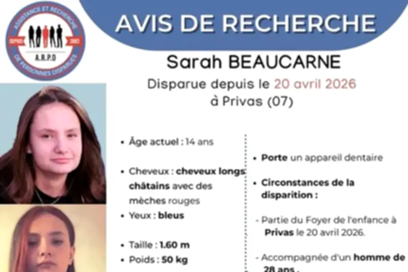 Disparition inquiétante de Sarah, 14 ans, en Ardèche depuis le 20 avril