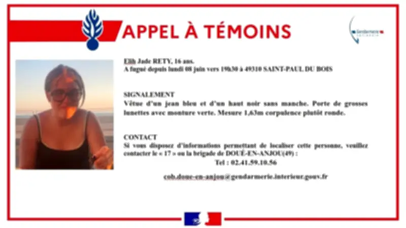 Disparition inquiétante d'une ado de 16 ans dans le Maine-et-Loire