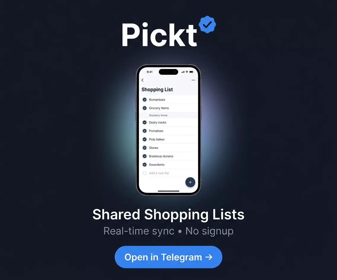 Bannière Pickt — listes de courses partagées pour familles et couples sur Telegram